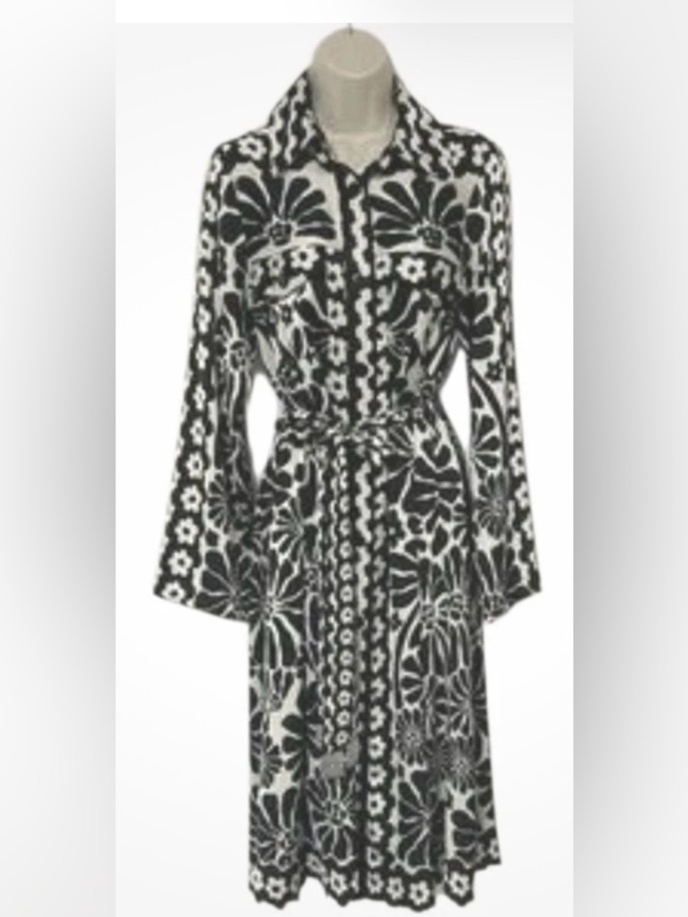 House of Harlow 1960 Black White Floral Shirt Dress Beaded Belt US Large VGUC